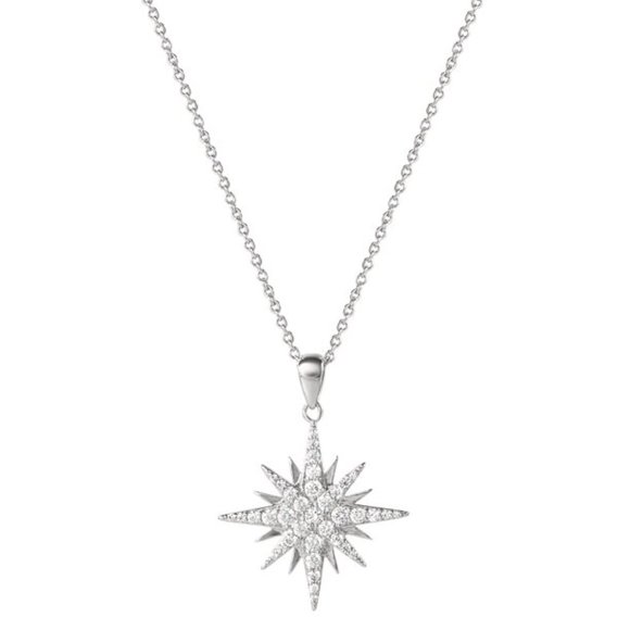 Fine Siver Plated Brass Cubic Zirconia Starburst Pendant, 18" + 2" Ext Chain - Picture 2 of 2